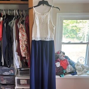 White Lace Top with Navy Blue Skirt Dress